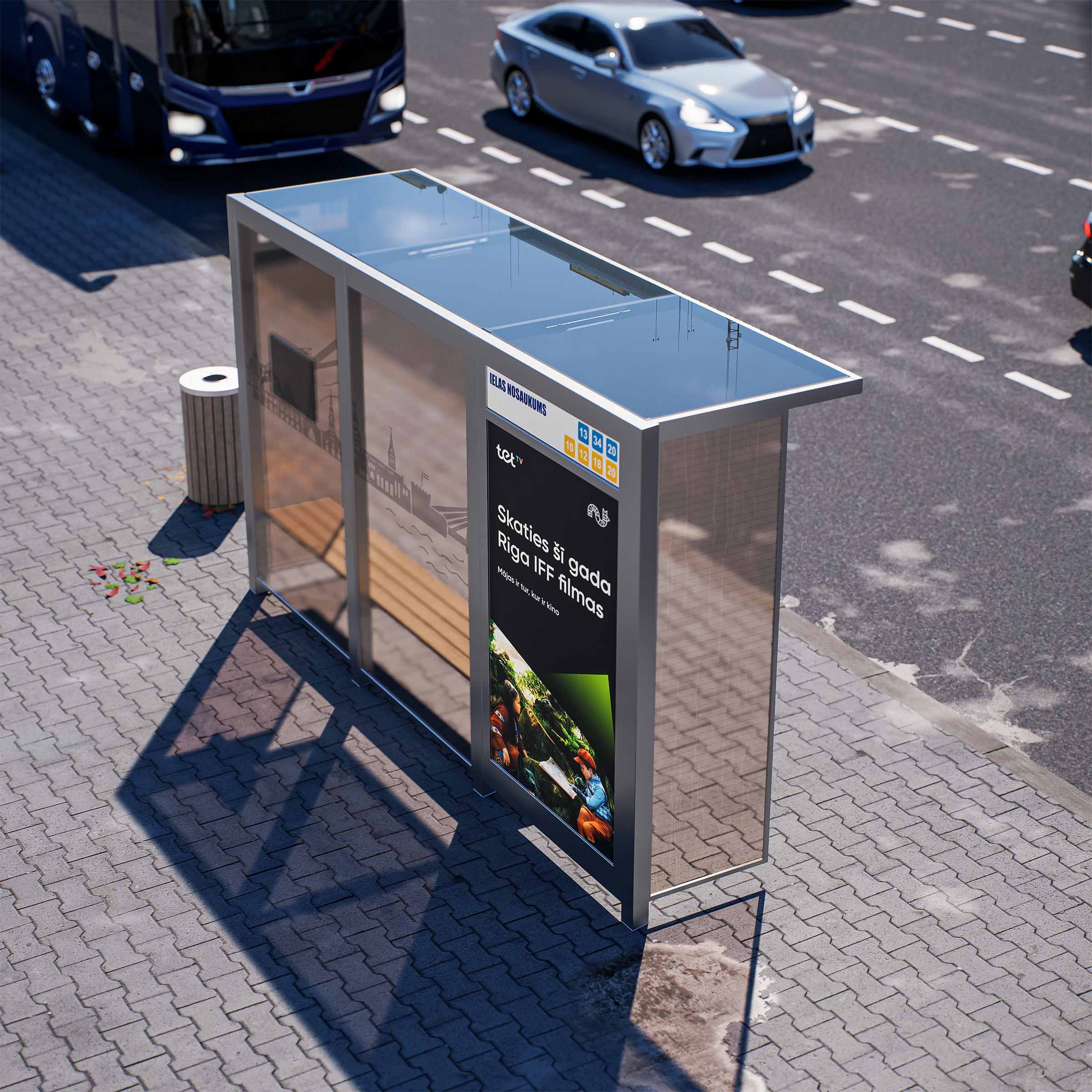 Bus Shelter OSLO (S/M) Base Glass Rooftop Set By PALAMI Group - Compact Outdoor Advertising Display